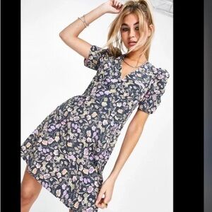 Topshop floral mini dress with puff sleeves and an open back